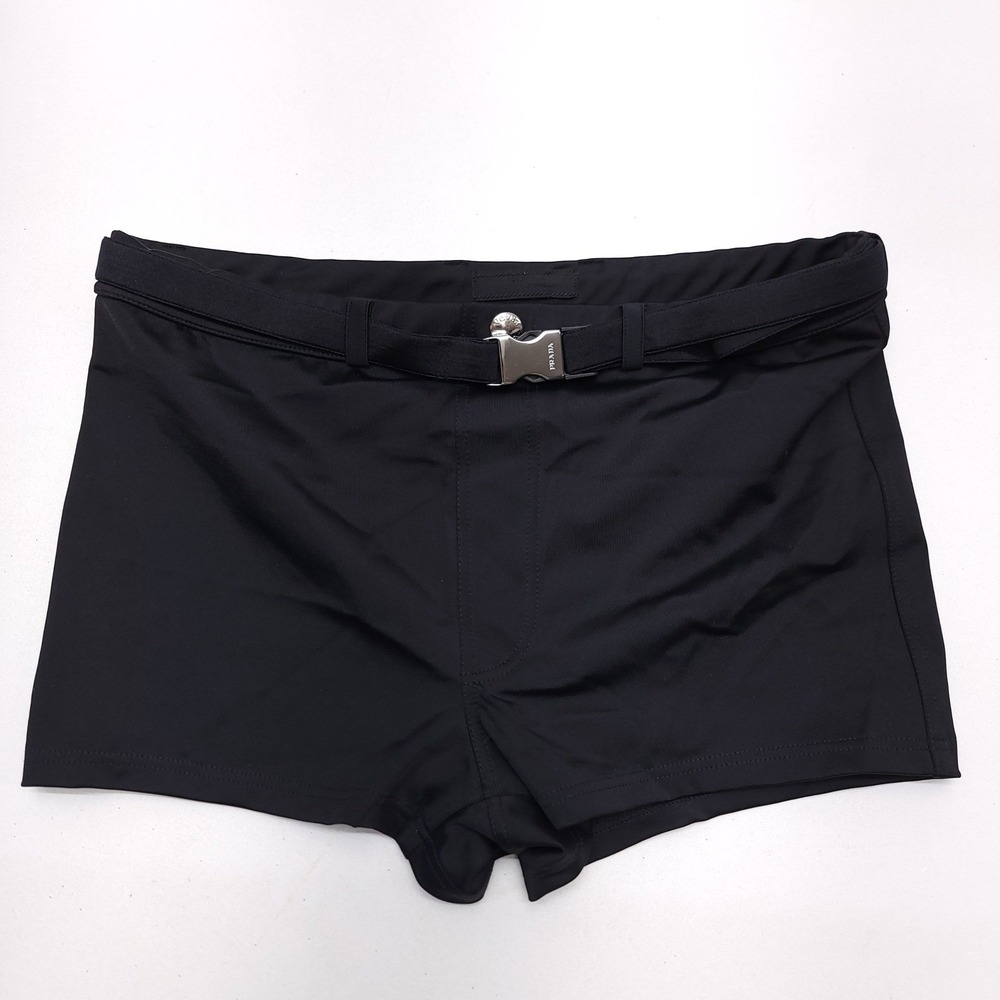 Prada Mens Swim Trunks Black Belted Logo Buckle Square Cut Made in Italy Size 50